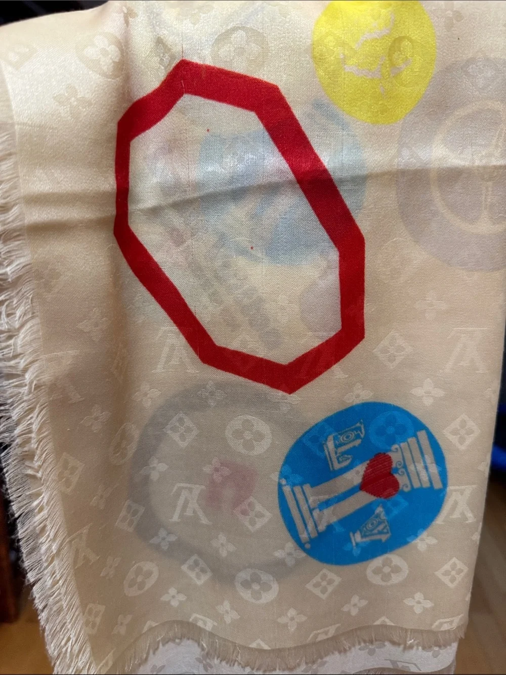 Louis Vuitton Cream Silk Scarf with Multicolored Patch Motifs